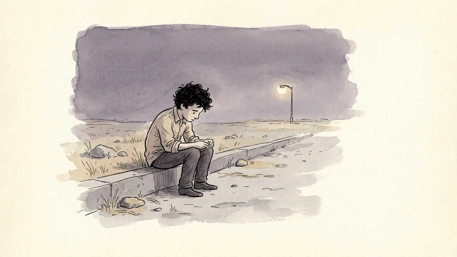 أخي جالس وحيداً على حائط خرساني منخفض عند حافة أرض خالية في الشفق، كتفاه منحنيتان، قميصه البيج مجعد، شعره الداكن أشعث