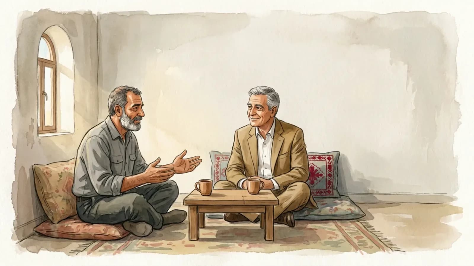 الأب والرجل الغني يتحدثان في البيت
