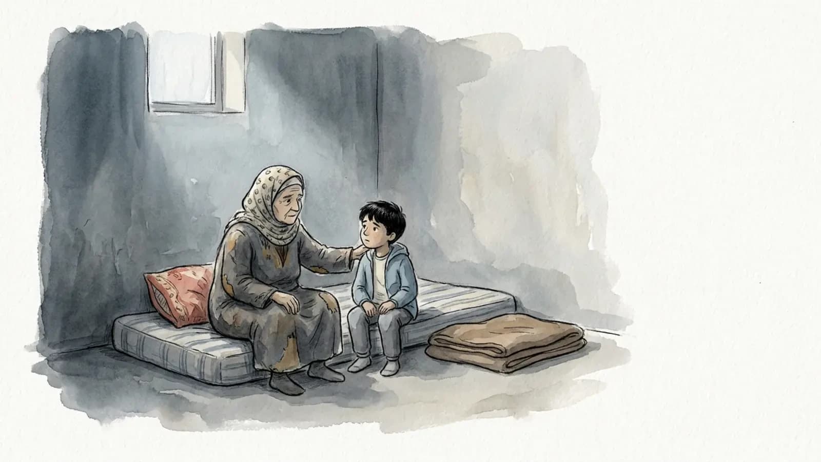 جدة مسنة تجلس بجانب خالد الصغير على فراش بسيط داخل غرفة خافتة، يدها على كتفه