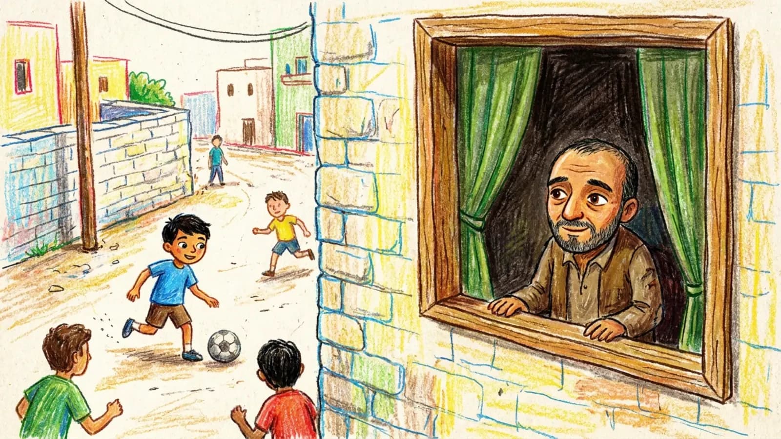 الجار ينظر من نافذته مبتسماً بينما يلعب الأطفال في الشارع