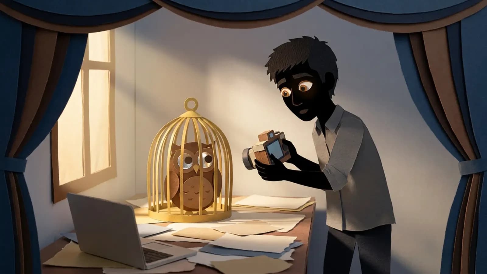 الراوي يمسك كاميرا صغيرة وينظر إليها بذهول، والبومة في قفصها الذهبي تنظر إليه بعيون دامعة لامعة، وأوراق البحث على المكتب